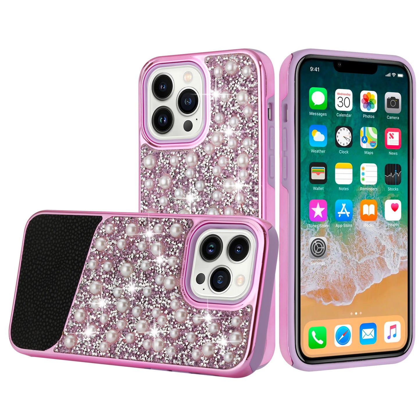 For Apple iPhone 13 Pro Max (6.7") Bling Pearl Diamonds Design Glitter Hybrid Hard TPU Shiny Protective Rubber Frame Phone Case Cover