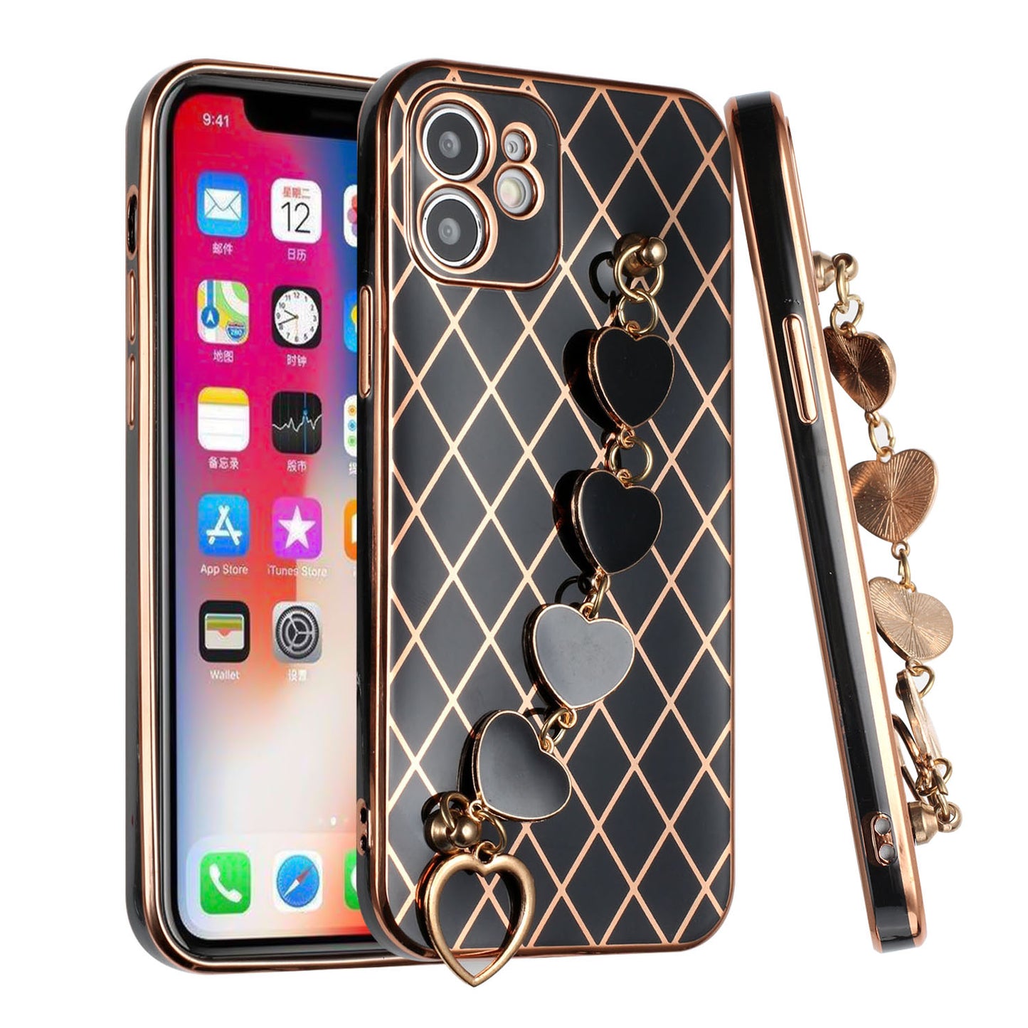 For Apple iPhone 11 (6.1") Electroplated Grid Diamond Lines with Hearts Chain Fashion Holder Hybrid Design TPU Hard PC Phone Case Cover
