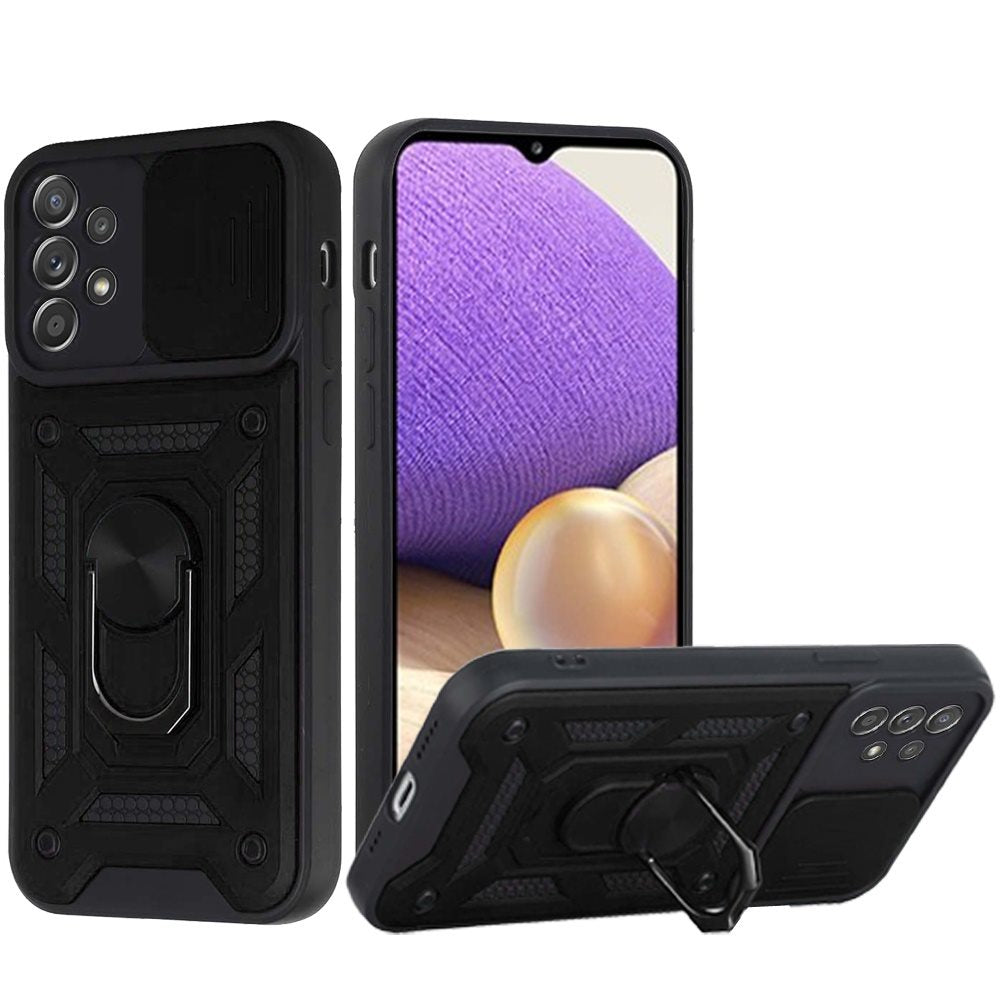 For Samsung Galaxy A33 5G Hybrid Cases with Slide Camera Lens Cover and Ring Holder Kickstand Dual Layer Hard Heavy Duty Phone Case Cover