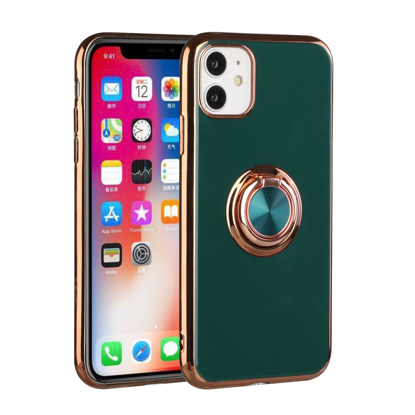 For Apple iPhone 11 (6.1") Slim Hybrid Metal Finger Ring Stand Electroplated Edges TPU Frame Shock-Absorption Bumper Phone Case Cover