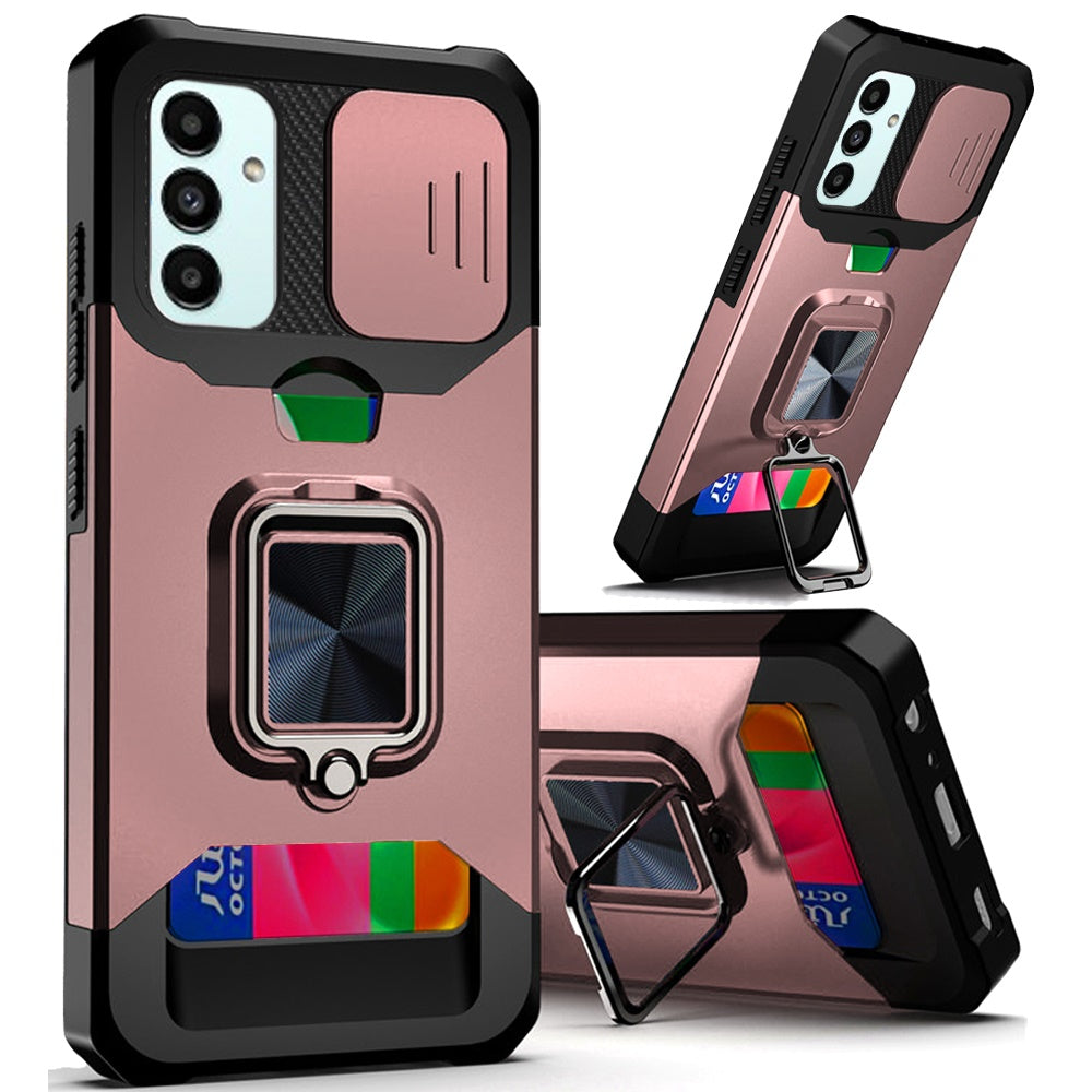 For Samsung Galaxy A13 4G 2022 Wallet Case with Ring Stand & Slide Camera Cover Credit Card Holder, Military Grade Hard Phone Case Cover