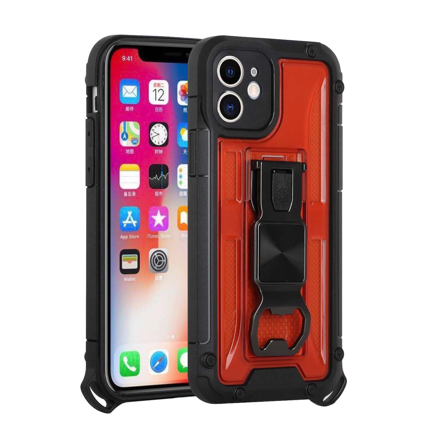 For Apple iPhone 11 Heavy Duty Military Grade Rugged Hybrid with Magnetic Kickstand, Carabiner, Bottle Beer Opener Phone Case Cover
