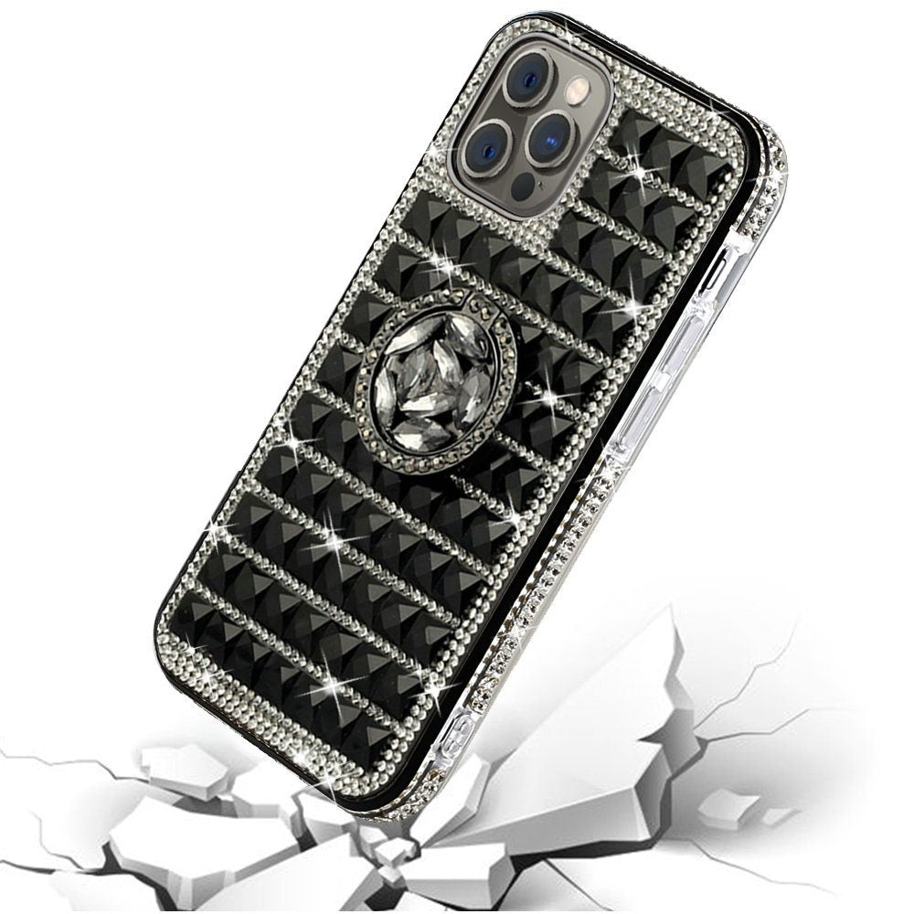 For Apple iPhone 11 (6.1") Luxury 3D Bling Diamonds Rhinestone Jeweled Shiny Crystal Hybrid TPU Hard with Ring Stand Holder Black Phone Case Cover