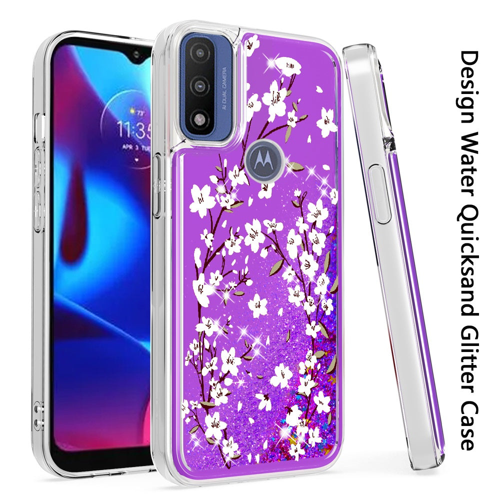 For Motorola Moto G Power 2022 Floral Design Quicksand Water Flowing Liquid Floating Sparkle Glitter Bling Flower Fashion Hybrid Hard Phone Case Cover