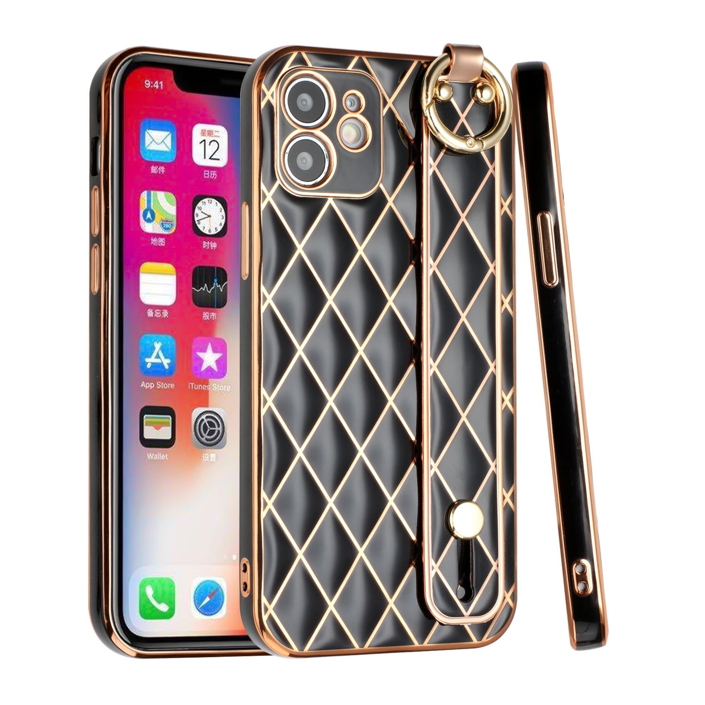For Apple iPhone 11 (6.1") Chromed Grid Design with Strap Holder Fashion Hybrid Rubber TPU Hard PC Slim Fit Phone Case Cover