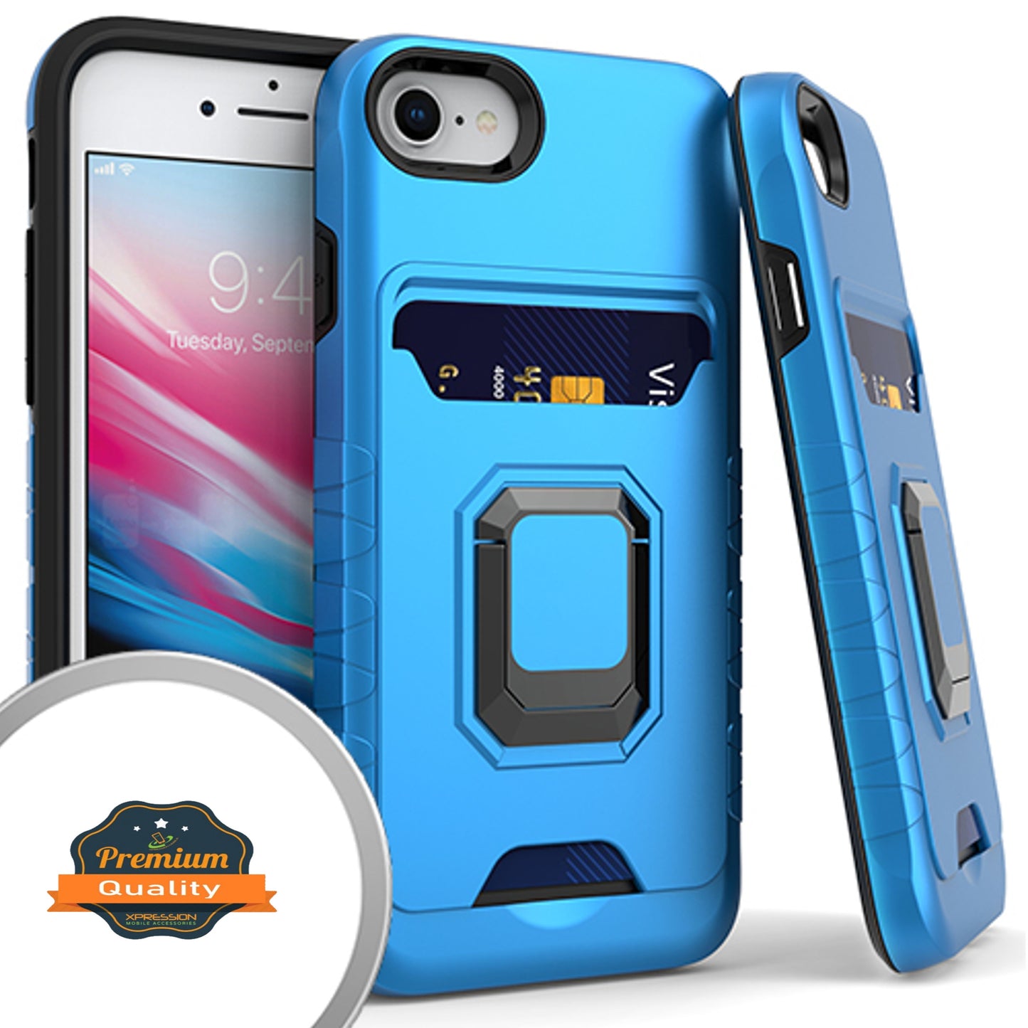 For Apple iPhone SE 3 (2022) SE/8/7 Wallet Credit Card Slot Holder with Ring Kickstand Back Heavy Duty Shockproof Hybrid Phone Case Cover