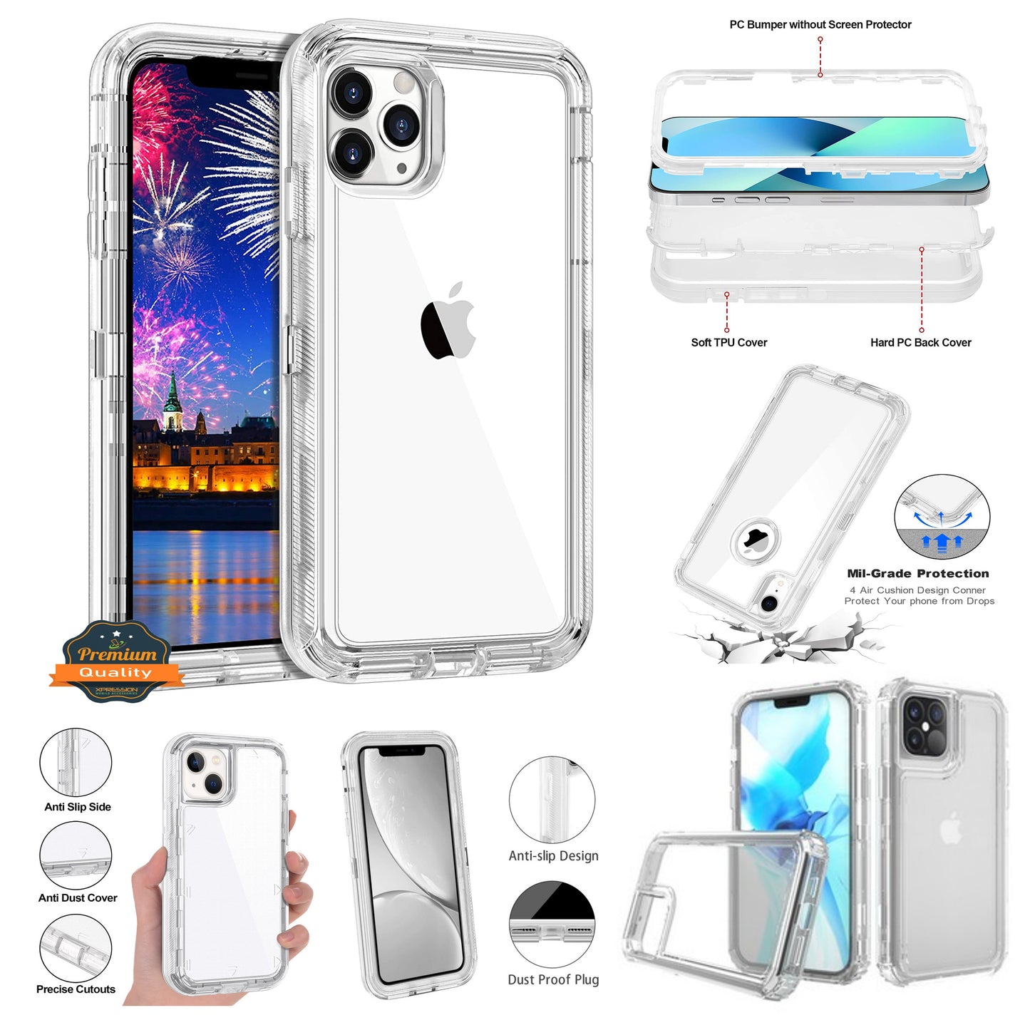 For Samsung Galaxy A22 5G Transparent 3 Layer Heavy Duty Rugged Full Body Shockproof Hybrid Hard PC + TPU Bumper Protective Phone Case Cover