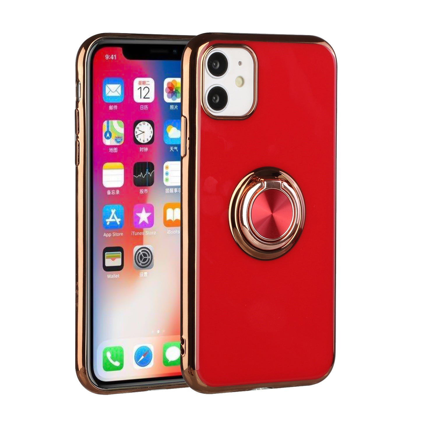 For Apple iPhone 11 (6.1") Slim Hybrid Metal Finger Ring Stand Electroplated Edges TPU Frame Shock-Absorption Bumper Phone Case Cover