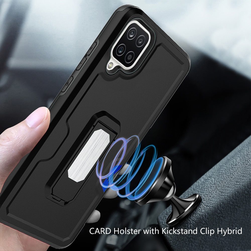 For Samsung Galaxy A12 5G Armor Belt Clip with Credit Card Holder, Holster, Kickstand Protective Full Body Heavy Duty Hybrid Phone Case Cover