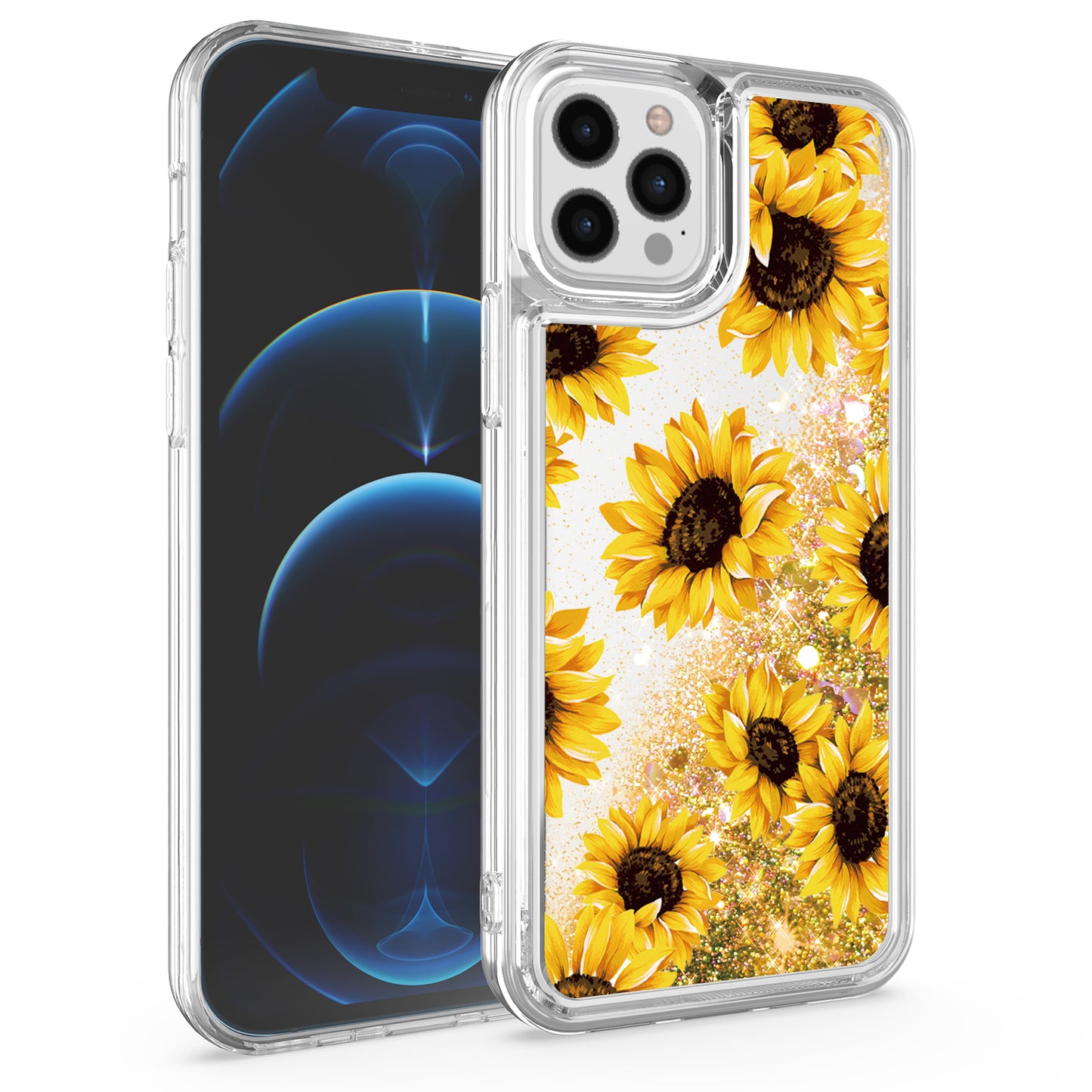 For Apple iPhone 13 Pro Max (6.7") Waterfall Quicksand Flowing Liquid Water Glitter Flower Design Bling Shockproof TPU Hybrid Protective Phone Case Cover