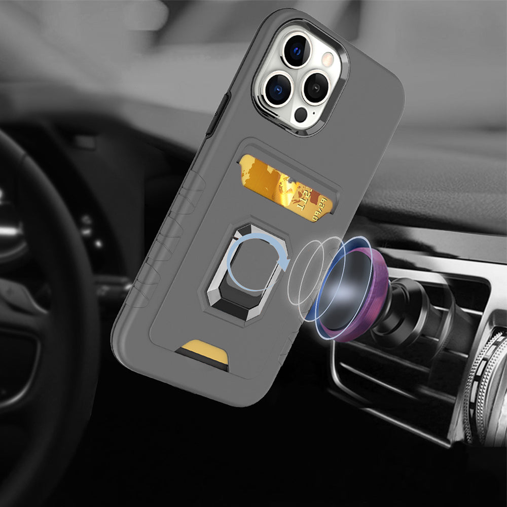 For Apple iPhone 13 /Pro Max Credit Card Holder Slot with Stand Kickstand Ring Hybrid Heavy Duty Defender Armor TPU Military Grade Phone Case Cover