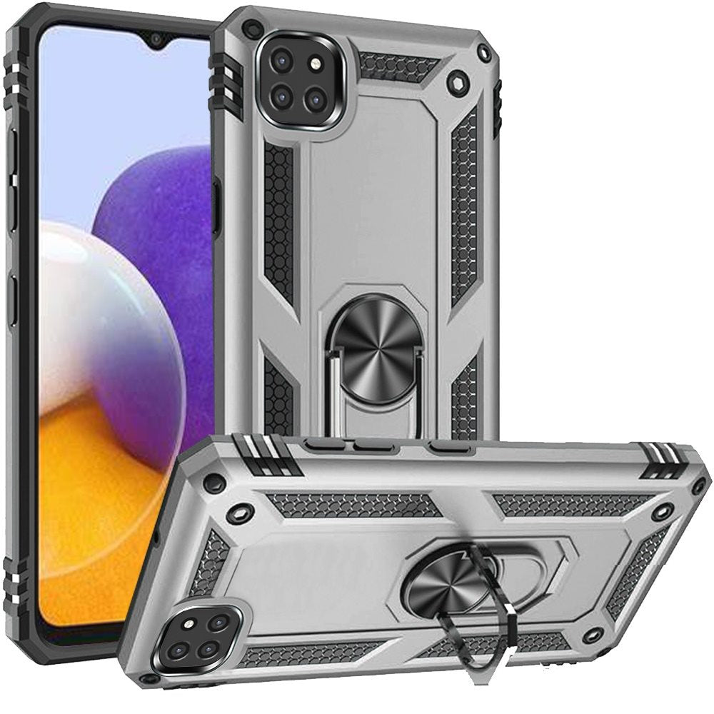 For Samsung Galaxy A22 5G Armor Hybrid Durable 360 Degree Rotatable Ring Stand Holder Kickstand 2in1 Fit Magnetic Car Mount Silver Phone Case Cover