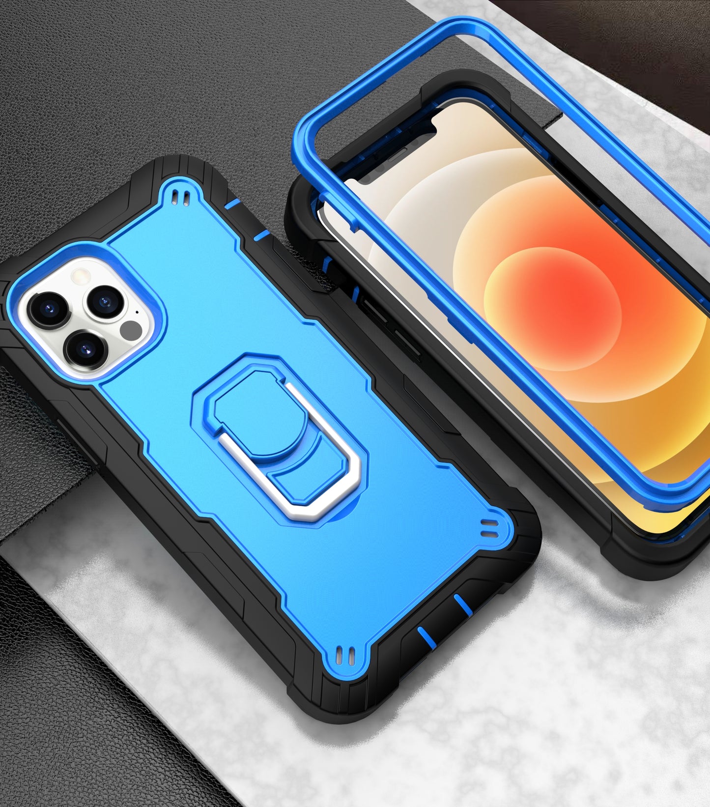 For Apple iPhone 12 Pro Max (6.7") Hybrid 3 Layers with 360° Rotatable Ring Kickstand Holder Heavy Duty Hard PC Soft Silicone Shockproof Phone Case Cover