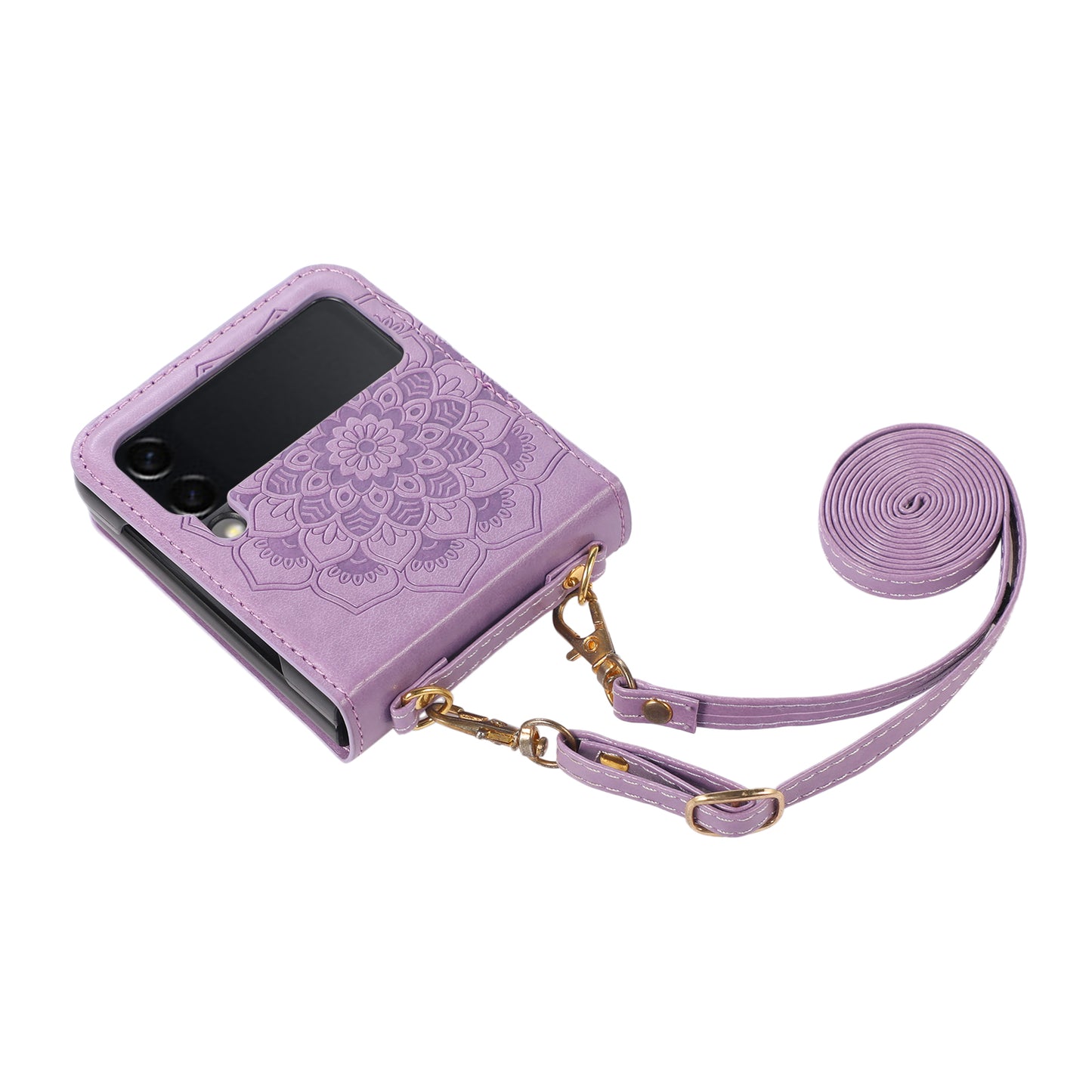 For Samsung Galaxy Z Flip 4 5G Embossed Floral Henna Mandala Design PU Leather with Strap Lanyard Hybrid Protective Phone Case Cover