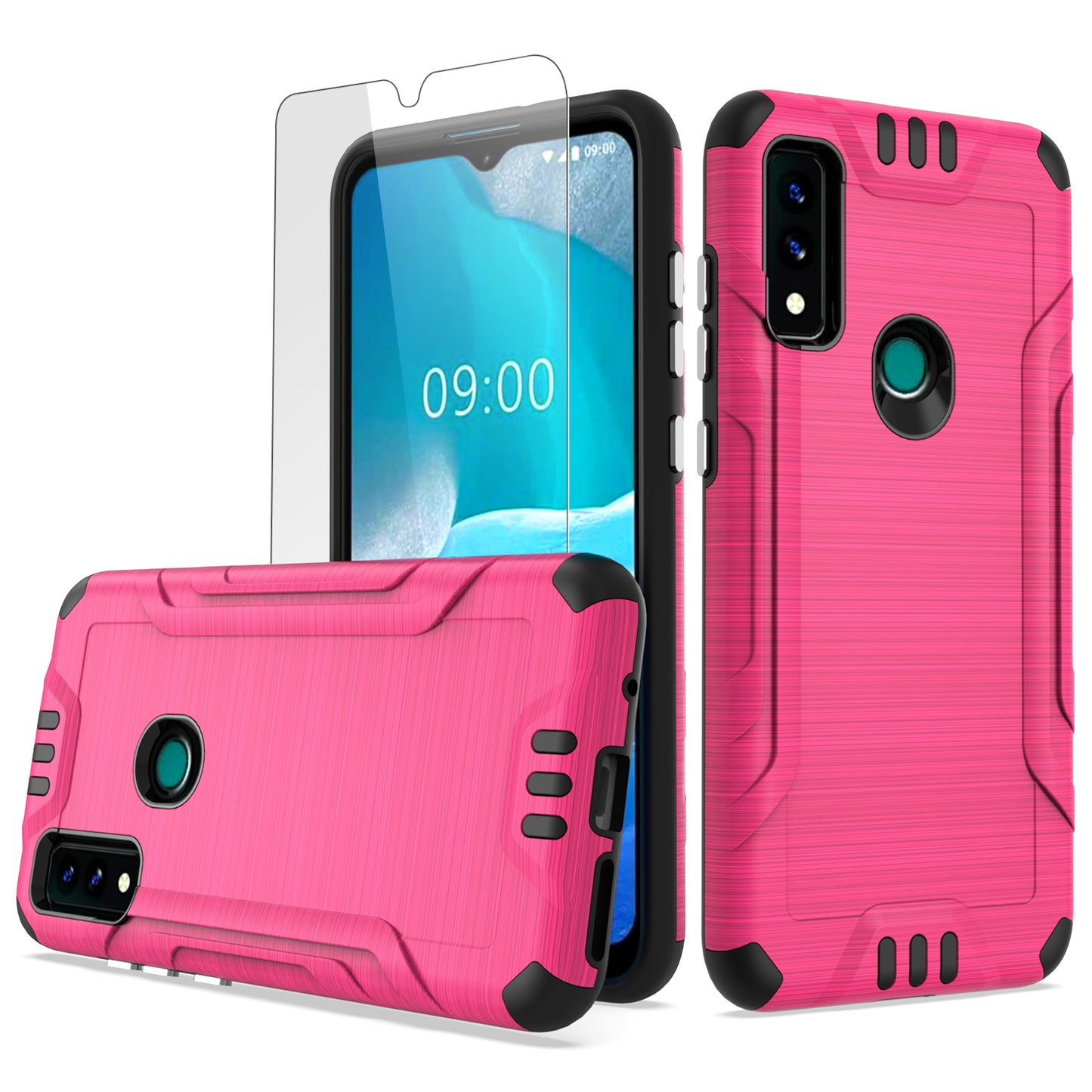 For AT&T Maestro 3 Hybrid Dual Layer Slim Metallic Brush Texture Hard PC TPU Rubber with Screen Protector Tempered Glass Phone Case Cover