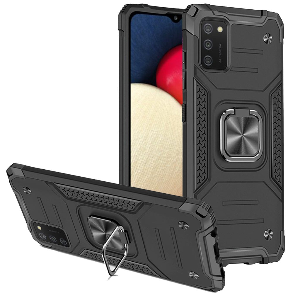 For Samsung Galaxy A02s Armor Hybrid with Ring Holder Kickstand Shockproof Heavy-Duty Durable Rugged Dual Layer Phone Case Cover
