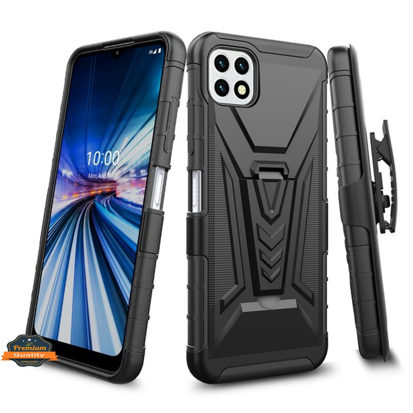 For Samsung Galaxy A22 5G Hybrid Armor Kickstand with Swivel Belt Clip Holster Heavy Duty 3 in 1 Defender Shockproof Rugged Phone Case Cover