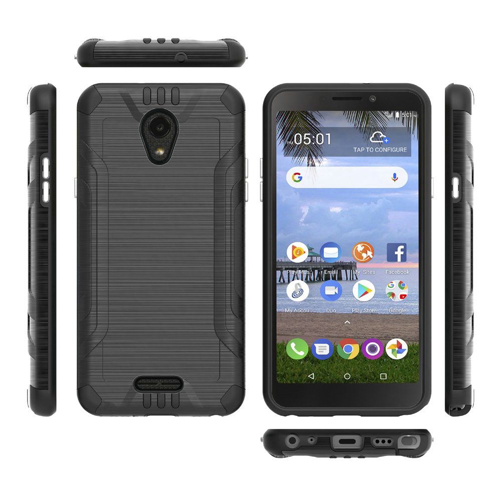 For Alcatel Insight Hybrid Dual Layer Slim Defender Armor Tuff Metallic Brush Texture Finishing Shockproof Hard PC + TPU Rubber Phone Case Cover