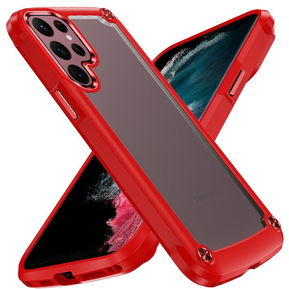 For Samsung Galaxy S22 Ultra Hybrid Transparent Rubber Gummy with Metal Buttons Hard PC TPU Corner Bumper Frame Phone Case Cover