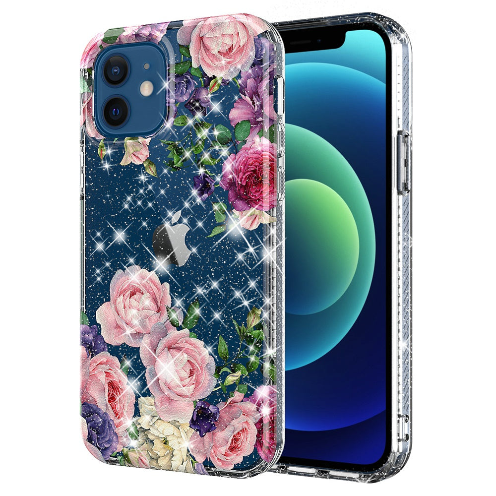 For Apple iPhone 8 Plus/7 Plus/6 Plus/6s Plus Slim Hybrid Shiny Glitter Clear Floral Pattern Bloom Flower Design Hard PC Phone Case Cover