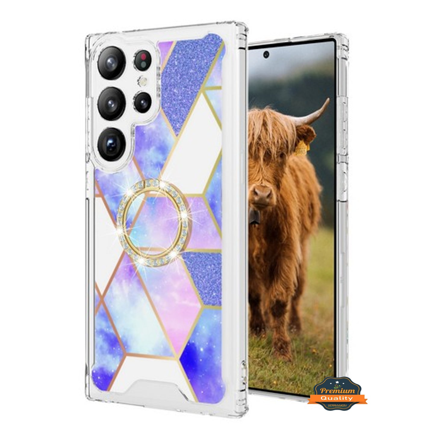 For Samsung Galaxy S23 /Plus /Ultra Fashion Design Pattern Hybrid Ring Kickstand Bling Diamond Hard PC TPU Protective Phone Case Cover