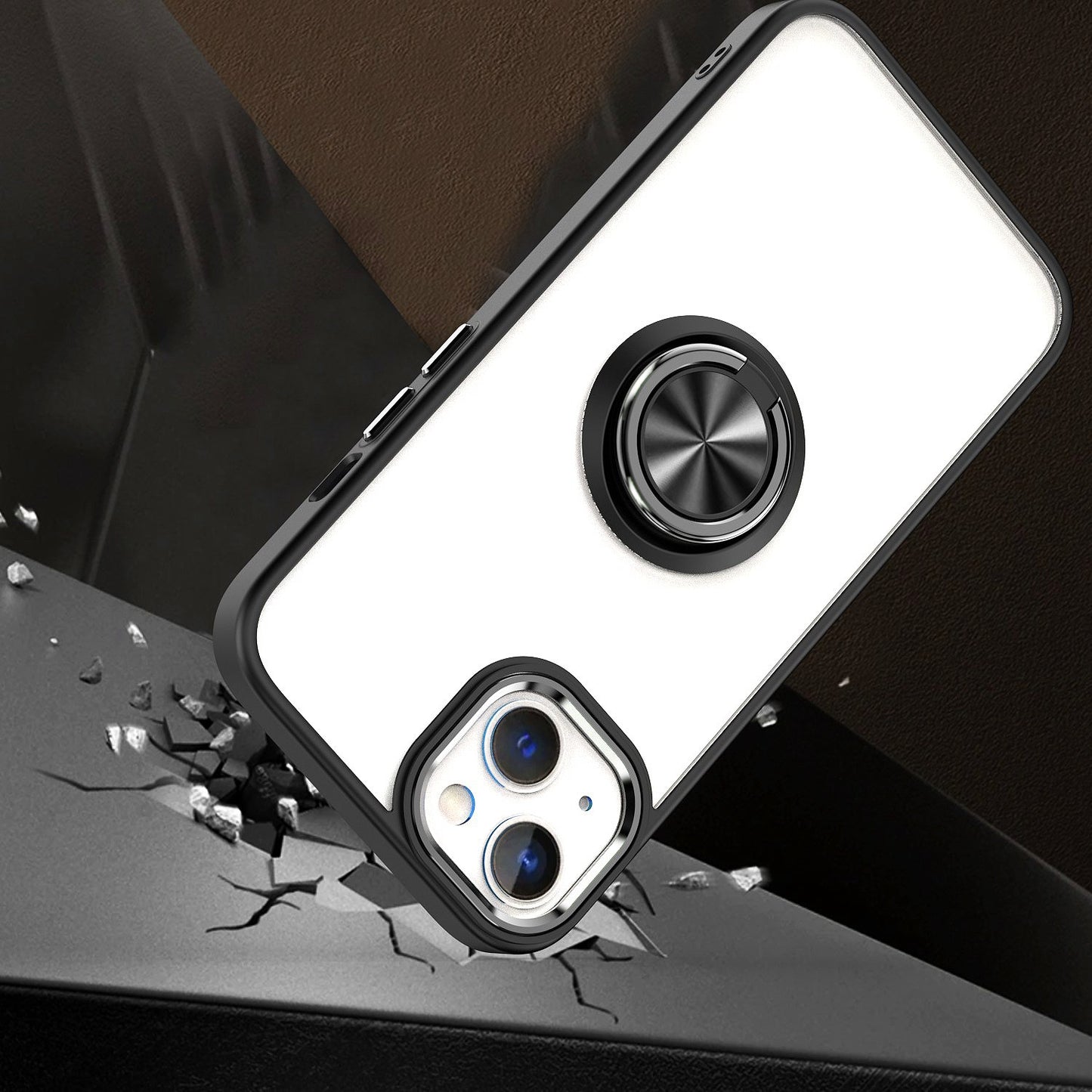 For Apple iPhone 13 Pro Max (6.7") Slim Transparent Shockproof Hybrid Chromed with Magnetic Ring Stand Holder Phone Case Cover