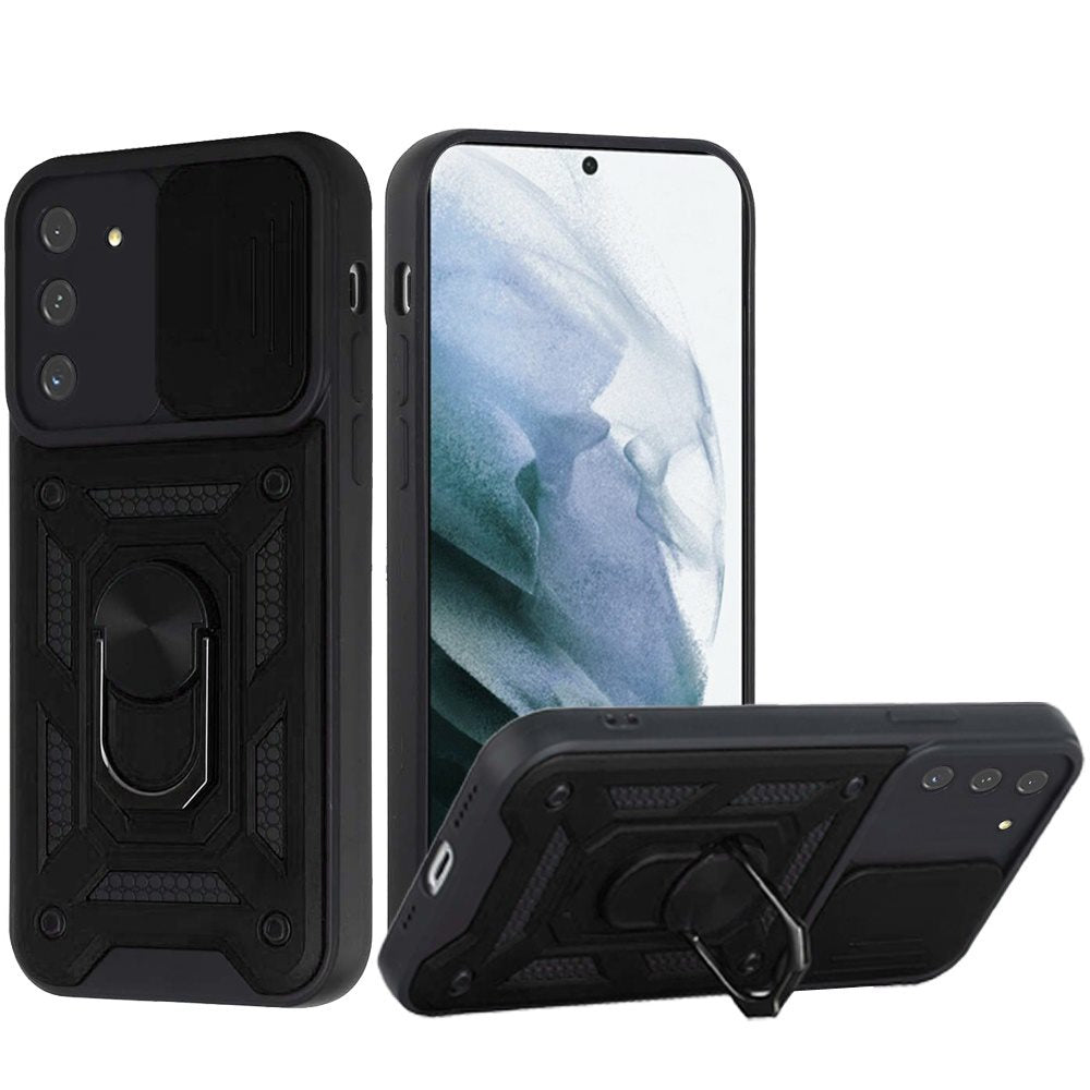 For Samsung Galaxy S21 Ultra Hybrid with Slide Camera Lens Cover and Ring Holder Kickstand Rugged Dual Layer Heavy Duty Phone Case Cover