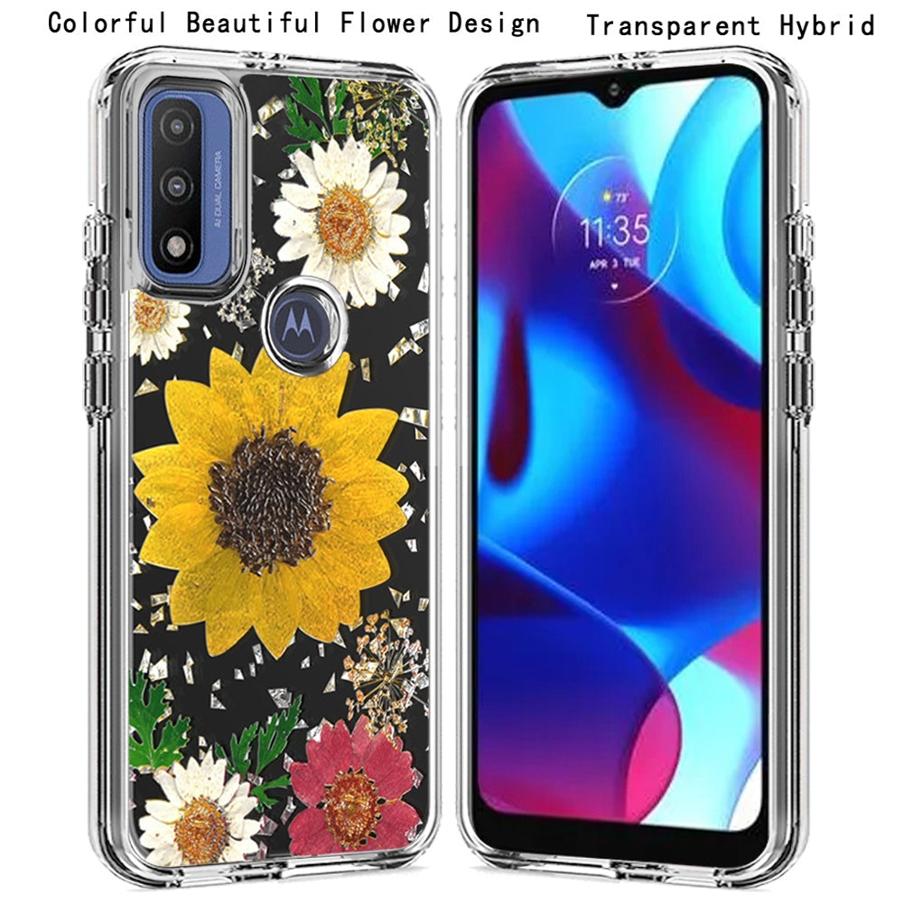 For Motorola Moto G Power 2022 (6.5") Glitter Floral Print Pattern Clear Design Shockproof Hybrid Fashion Sparkle Rubber TPU Phone Case Cover