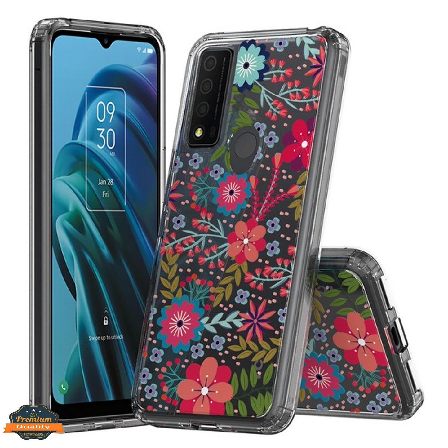For Samsung Galaxy A03 Core Floral Patterns Design Transparent Silicone Shock Absorption Bumper Slim Hard PC Back Phone Case Cover
