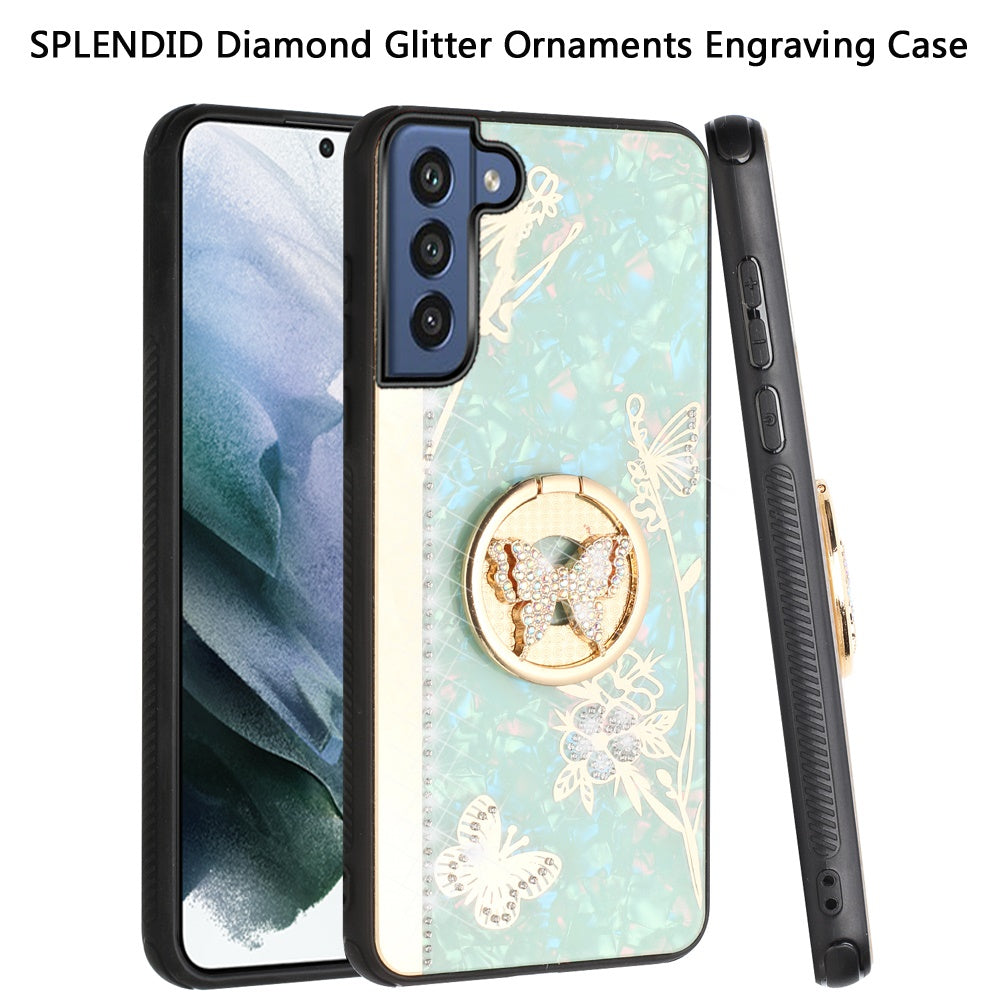 For Samsung Galaxy S22 /Plus Ultra Diamond Bling Sparkly 3D Ornaments Engraving Hybrid with Ring Stand Holder Rugged Fashion Phone Case Cover