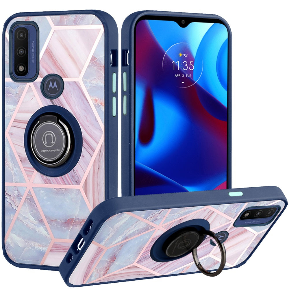 For Motorola Moto G Power 2022 Unique Marble Design with Magnetic Ring Kickstand Holder Hybrid TPU Hard Shockproof Armor Phone Case Cover