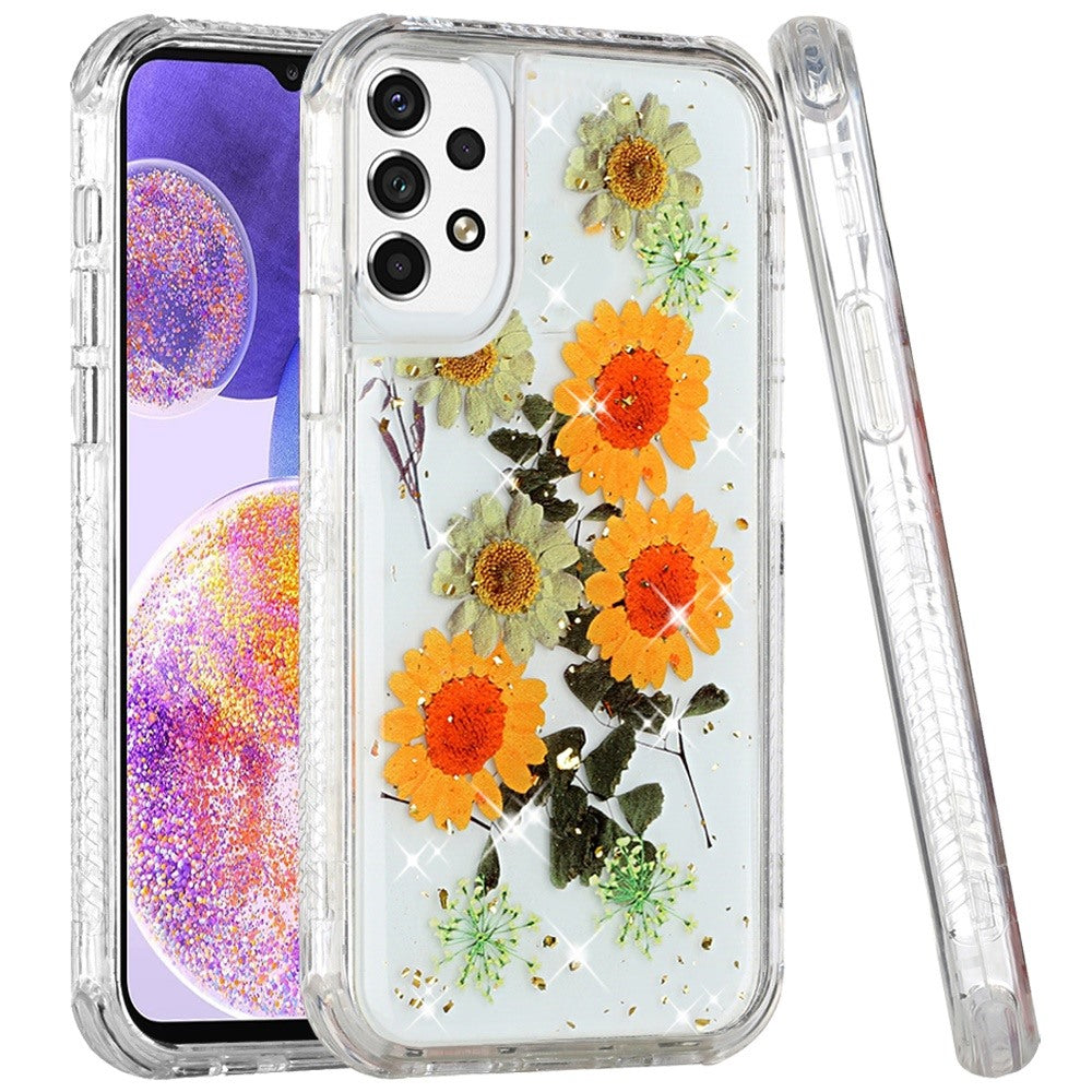 For Samsung Galaxy A23 5G Sparkle Glitter Floral Epoxy Design Shockproof Hybrid Fashion Bling Rubber TPU & Hard PC Phone Case Cover