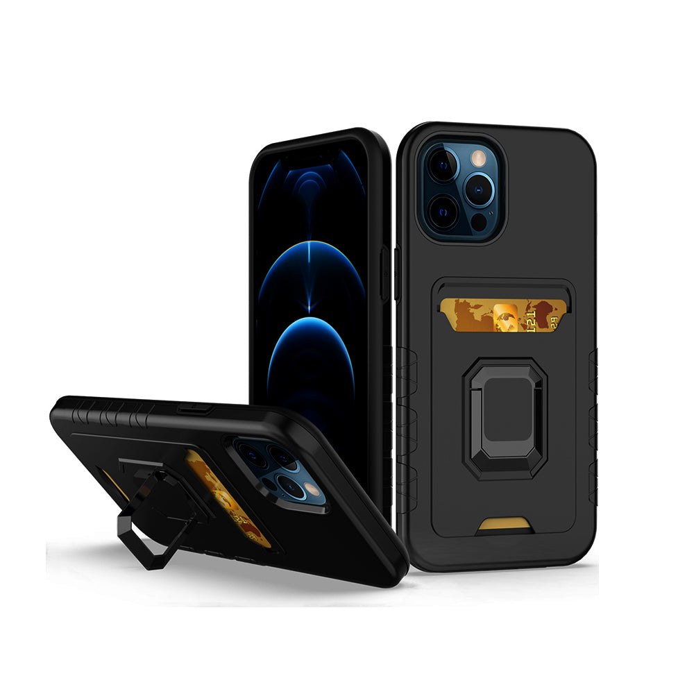 For Apple iPhone 13 /Pro Max Credit Card Holder Slot with Stand Kickstand Ring Hybrid Heavy Duty Defender Armor TPU Military Grade Phone Case Cover