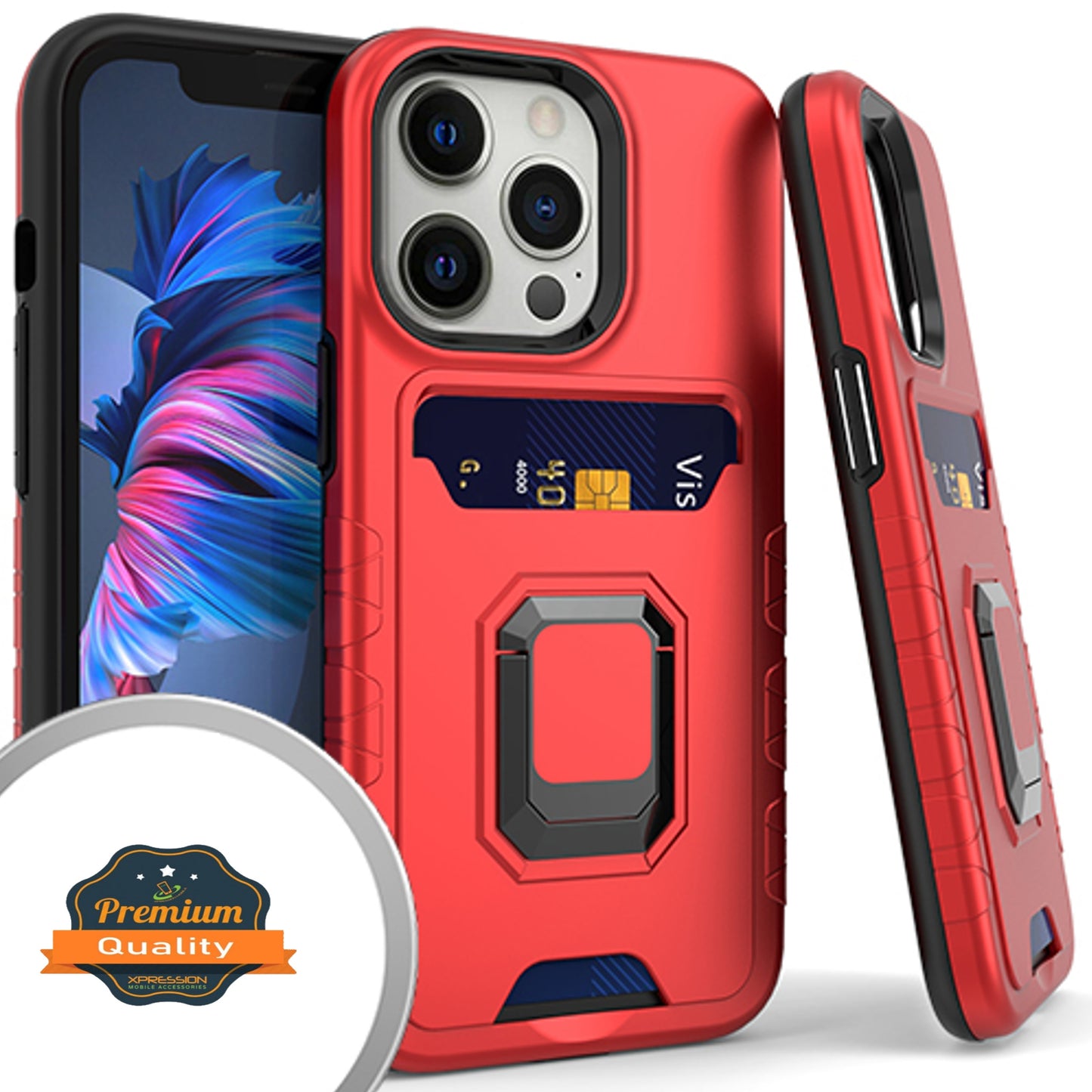 For Apple iPhone 13 /Pro Max Mini Wallet Credit Card Slot Holder with Metal Ring Kickstand Heavy Duty Shockproof Hybrid Dual Layer Magnetic Stand Phone Case Cover