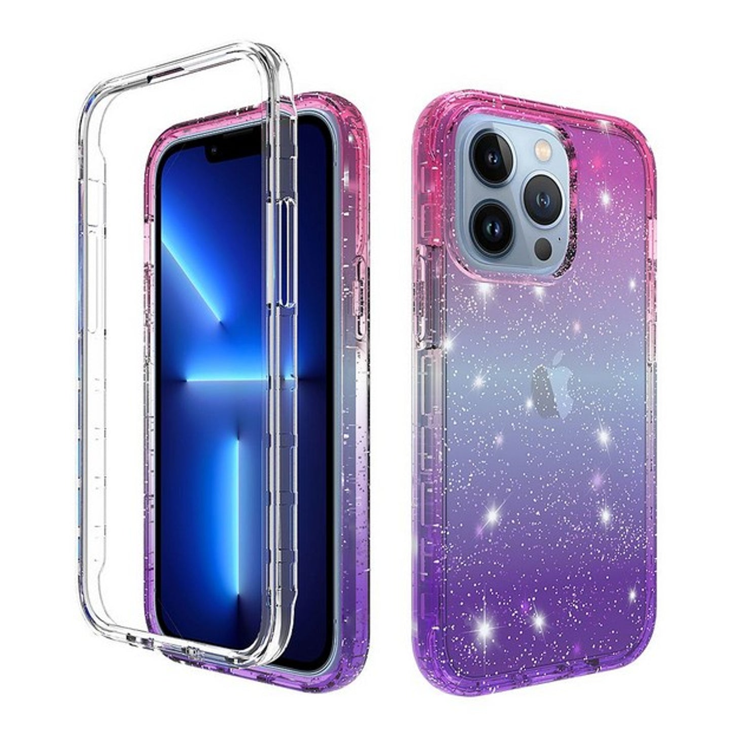 For Apple iPhone 13 Pro (6.1") Clear Gradient Glitter Bling Sparkly Hybrid Hard PC Soft TPU Bumper and Front Frame Drop Protective Phone Case Cover