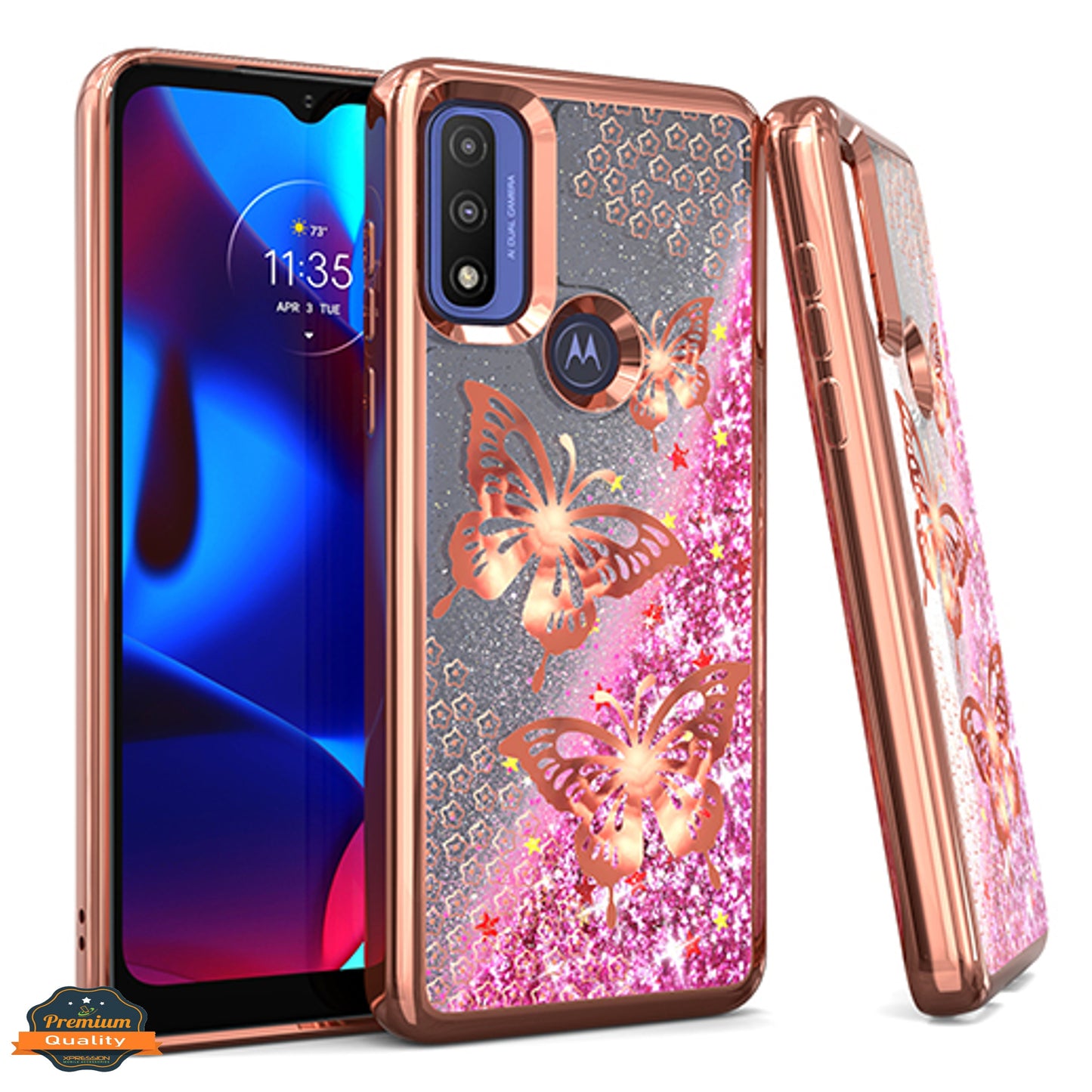 For Motorola Moto G Power 2022 Quicksand Liquid Glitter Bling Flowing Sparkle Fashion Hybrid Rubber TPU and Chrome Plating Hard Phone Case Cover