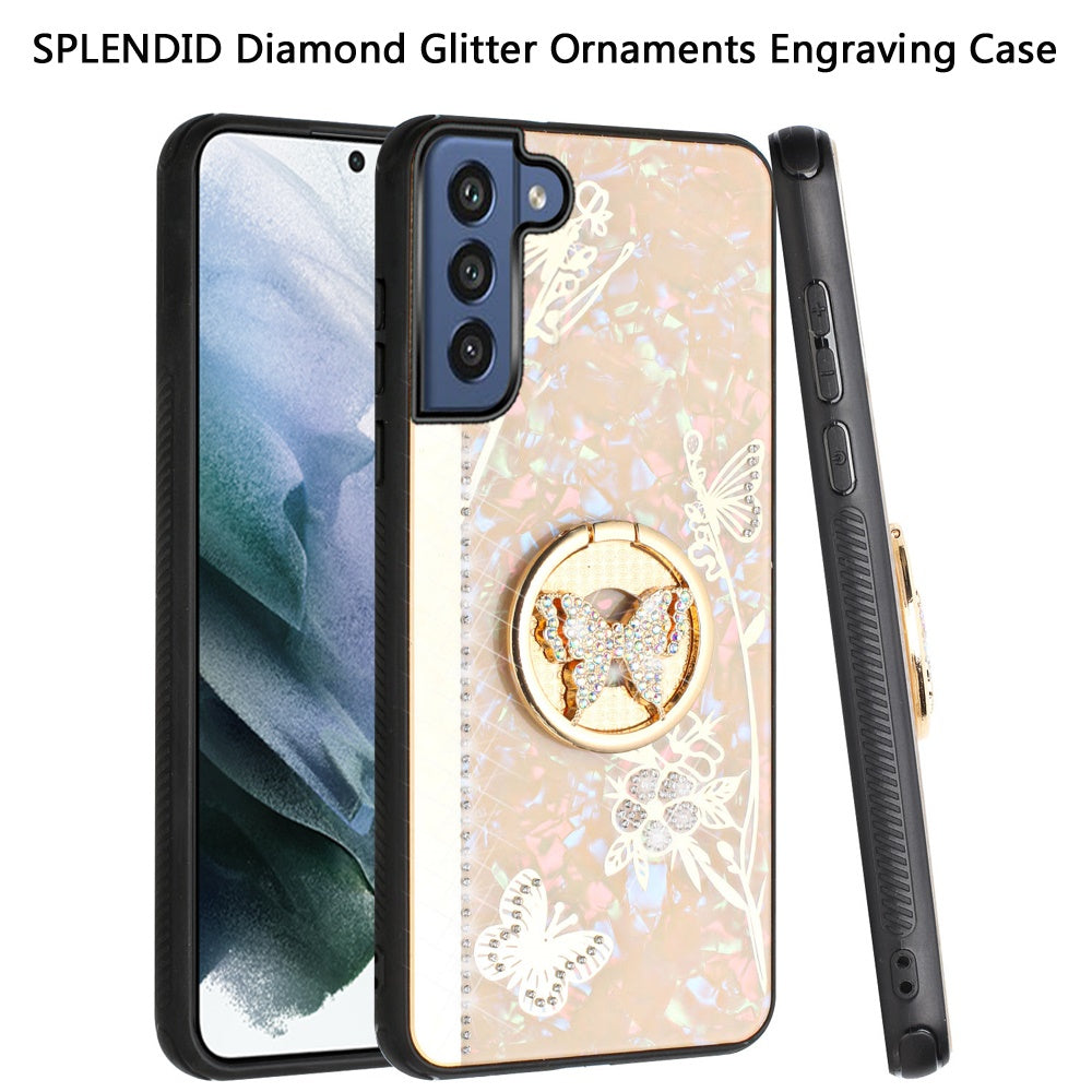 For Samsung Galaxy S22 /Plus Ultra Diamond Bling Sparkly 3D Ornaments Engraving Hybrid with Ring Stand Holder Rugged Fashion Phone Case Cover