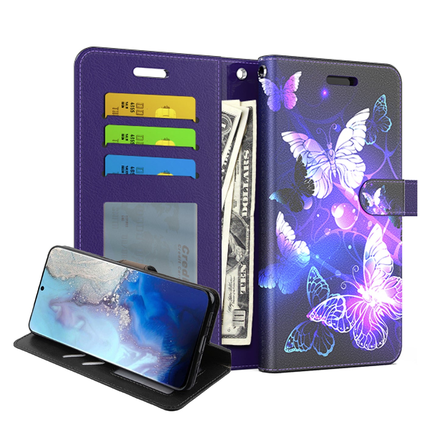 For Apple iPhone 13 (6.1") Wallet Case Pattern Design PU Leather Wallet with Credit Cards Holder, Wrist Strap & Stand Feature Flip Pouch Protective Butterfly Phone Case Cover