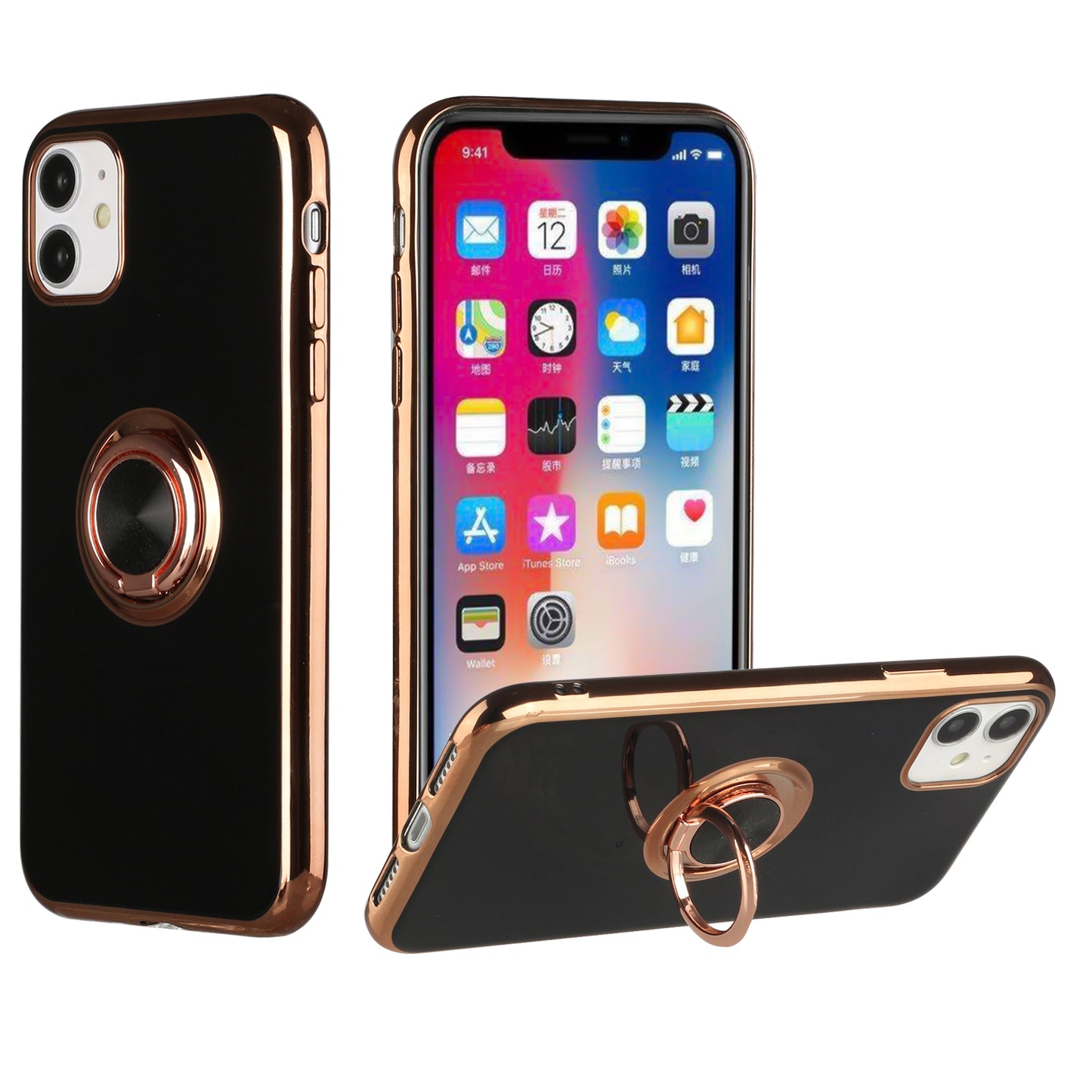 For Apple iPhone 11 (6.1") Slim Hybrid Metal Finger Ring Stand Electroplated Edges TPU Frame Shock-Absorption Bumper Phone Case Cover