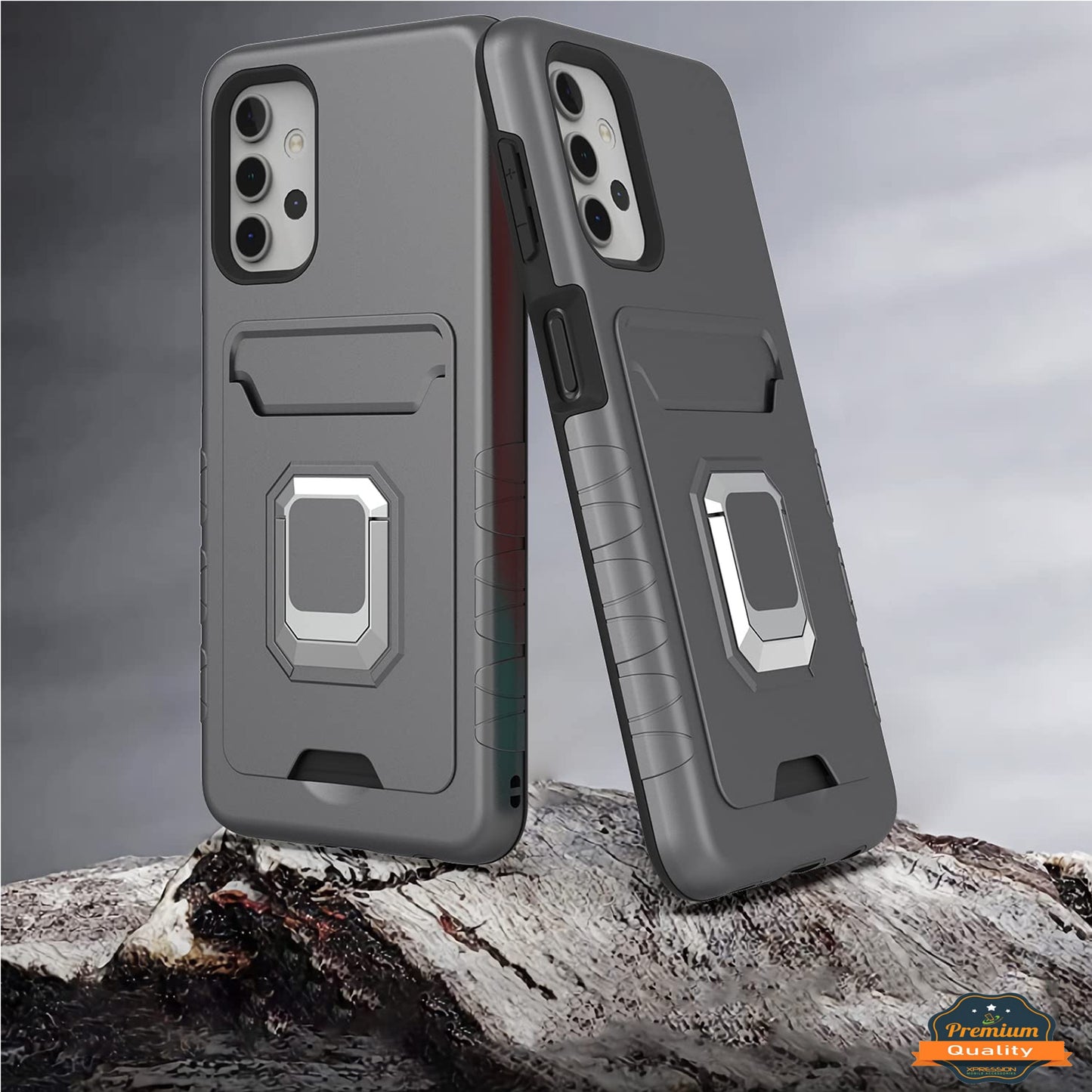 For Samsung Galaxy A03s (2022) Wallet Credit Card Slot Holder with Metal Ring Kickstand Heavy Duty Shockproof Hybrid Dual Layer Magnetic Stand Phone Case Cover