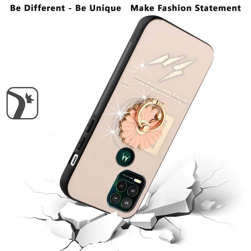 For Apple iPhone 13 (6.1") Diamond Bling Sparkly Glitter Ornaments Engraving Hybrid Armor with Ring Stand Holder Fashion Phone Case Cover