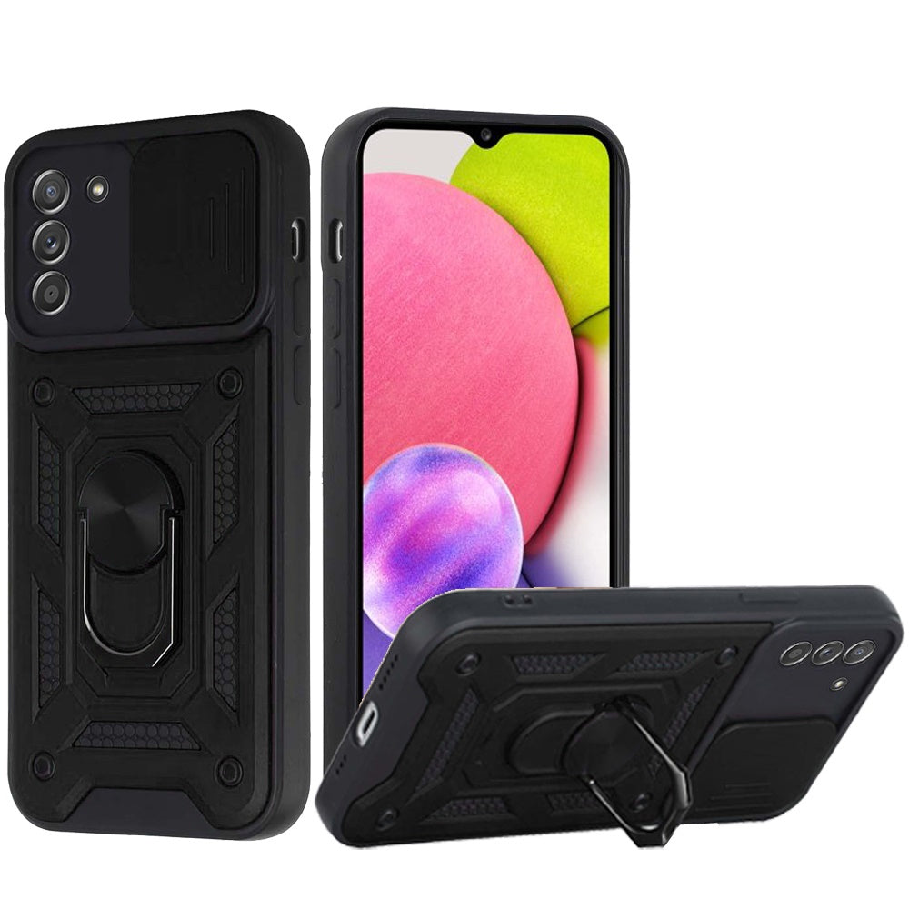 For Samsung Galaxy A03S Hybrid Cases with Slide Camera Lens Cover and Ring Holder Kickstand Rugged Dual Layer Heavy Duty Phone Case Cover