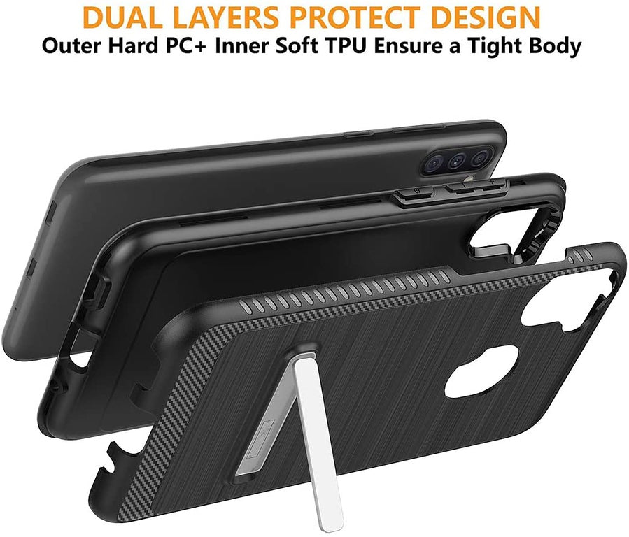 For Samsung Galaxy A02S Slim Brushed Hybrid Shock-Absorption Armor Edged Carbon Fiber with Metal Kickstand Rugged Texture Phone Case Cover