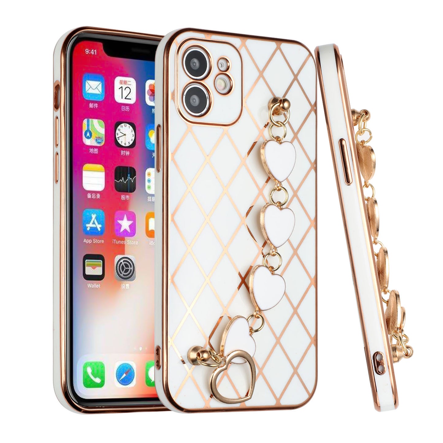 For Apple iPhone 11 (6.1") Electroplated Grid Diamond Lines with Hearts Chain Fashion Holder Hybrid Design TPU Hard PC Phone Case Cover