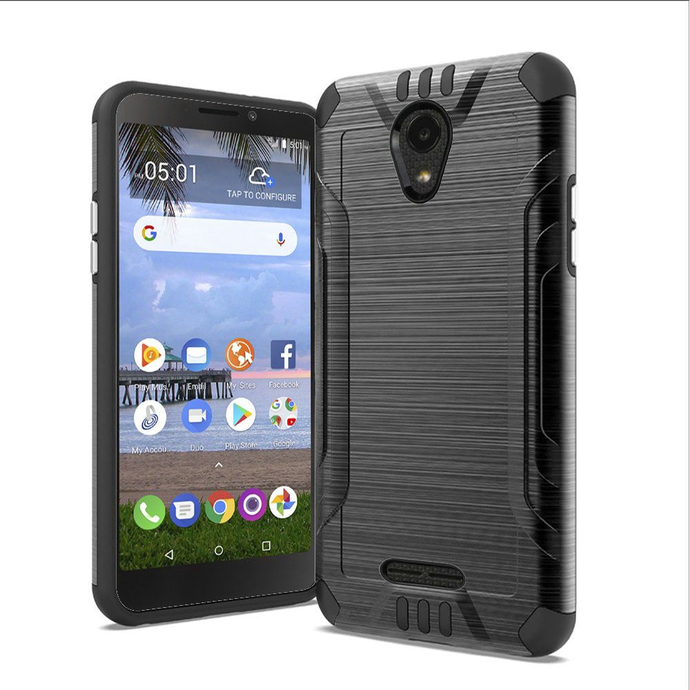 For Alcatel Insight Hybrid Dual Layer Slim Defender Armor Tuff Metallic Brush Texture Finishing Shockproof Hard PC + TPU Rubber Phone Case Cover