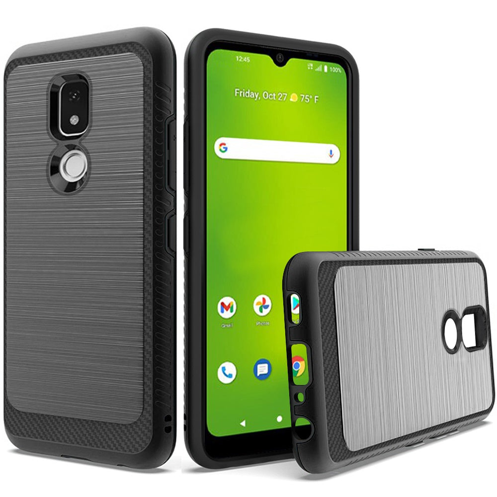For Cricket Icon 3 (2021) Slim Protective Hybrid TPU 2-Piece Bumper Shockproof with Brushed Metal Texture Carbon Fiber Hard PC Back Phone Case Cover