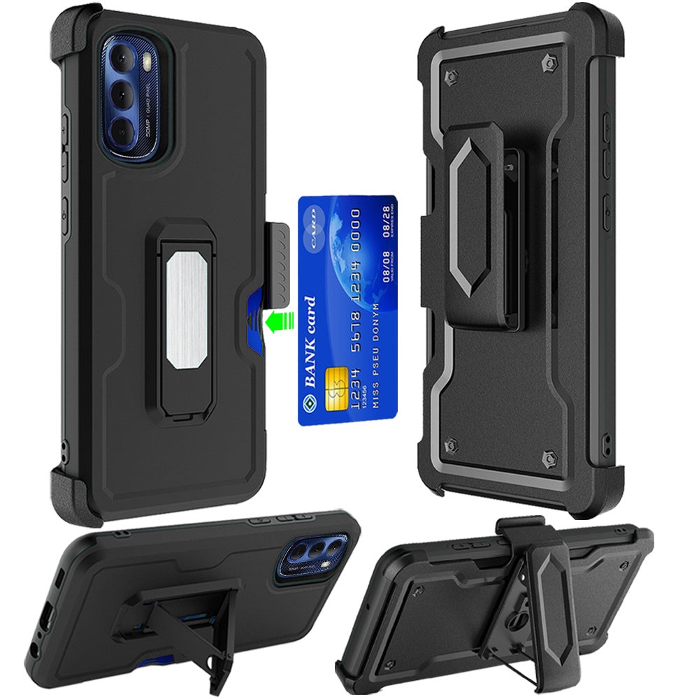 For Motorola Moto G 5G 2022 Armor Belt Clip with Credit Card Holder ID Slot, Holster, Kickstand Full Body Heavy Duty Hybrid Phone Case Cover