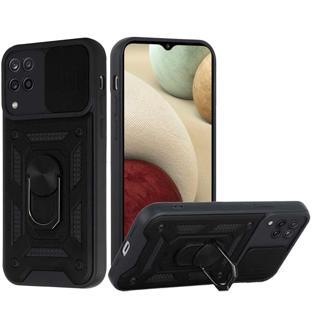 For Samsung Galaxy A12 5G Hybrid Cases with Slide Camera Lens Cover and Ring Holder Kickstand Rugged Dual Layer Heavy Duty Hard Phone Case Cover