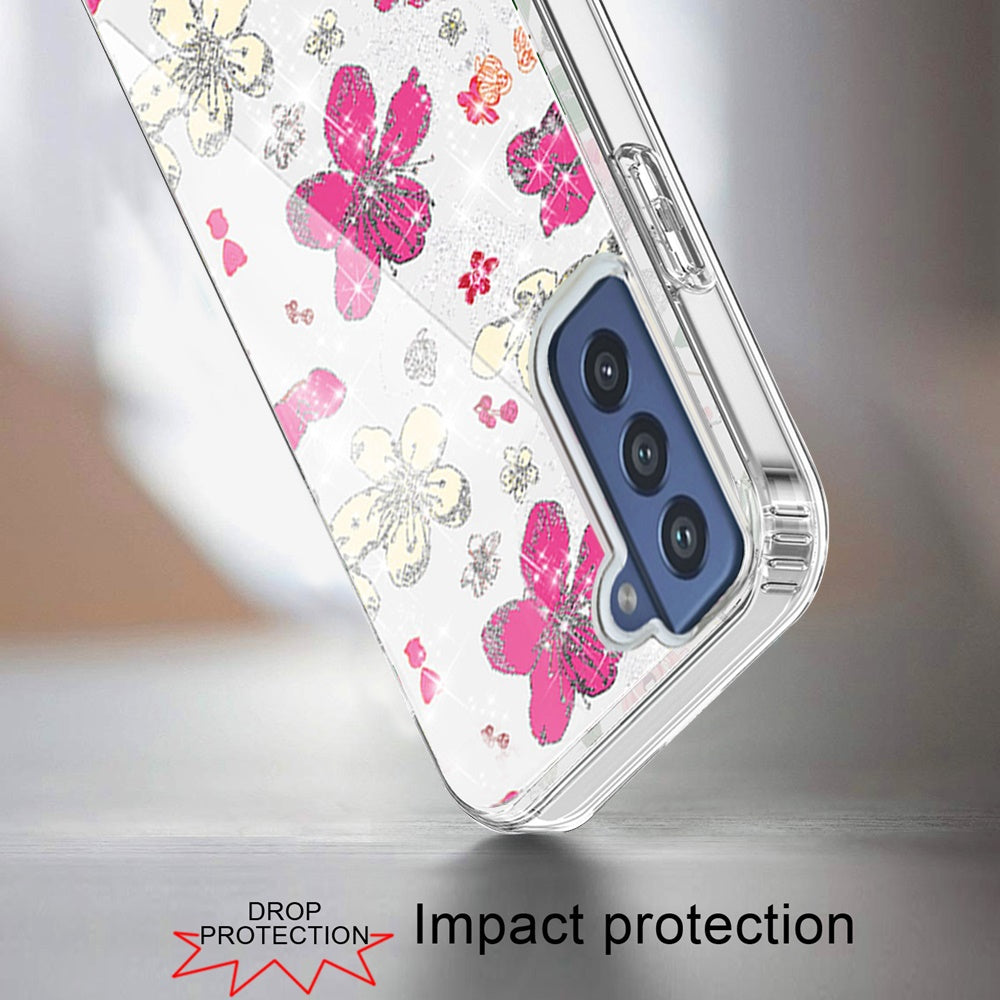 For Apple iPhone 14 (6.1") Beautiful Laser Clear Bling Glitter Design Pattern Hybrid Gummy Hard PC and TPU Phone Case Cover