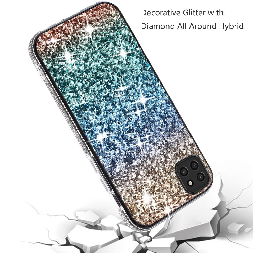 For Samsung Galaxy A22 5G Rhinestone Sparkling Rainbow Gradual Glitter Full Diamond Bling Protective Hybrid Rugged Slim TPU Phone Case Cover